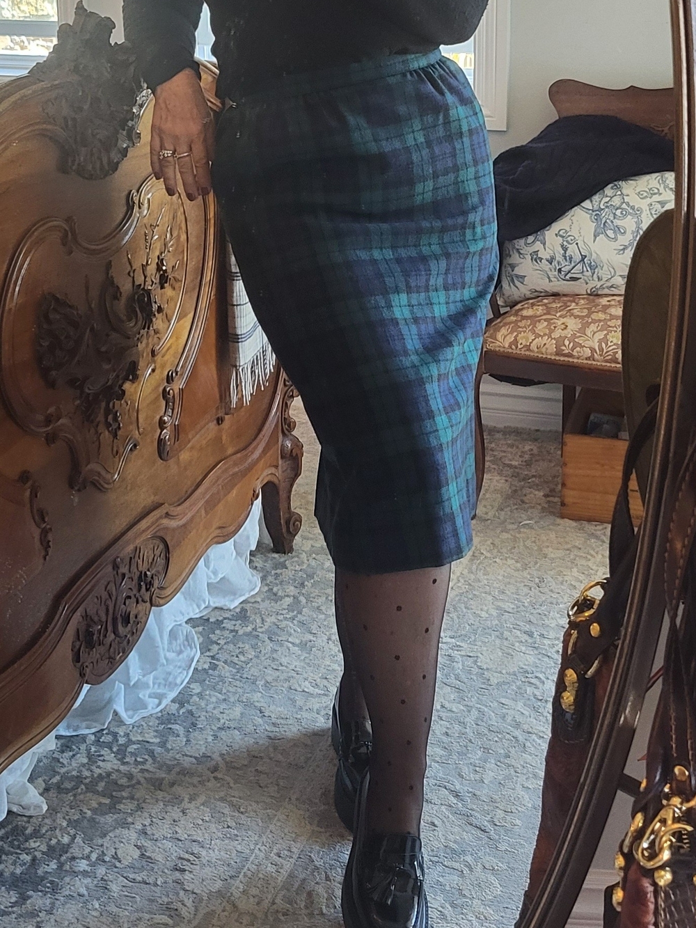 Vintage Pendleton Navy and Green Tartan Pencil Skirt Classic Black watch tartan.